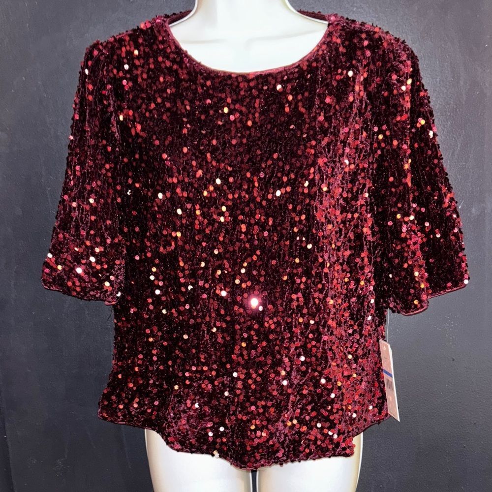 NWT Nanette Lepore Burgundy Sequin Blouse. Sz XL. Party, special event